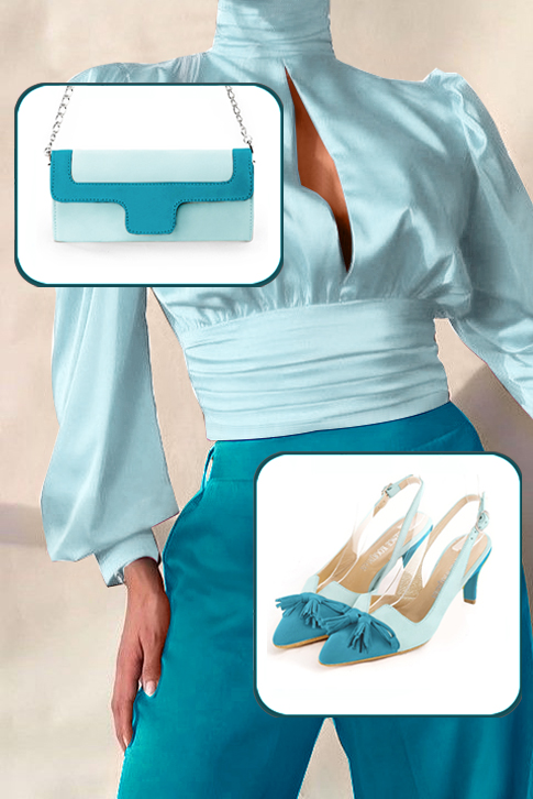 Women's turquoise blue and aquamarine blue elegant slingback heels, with a bow on the front. Tapered toe. Medium slim heel - Top view